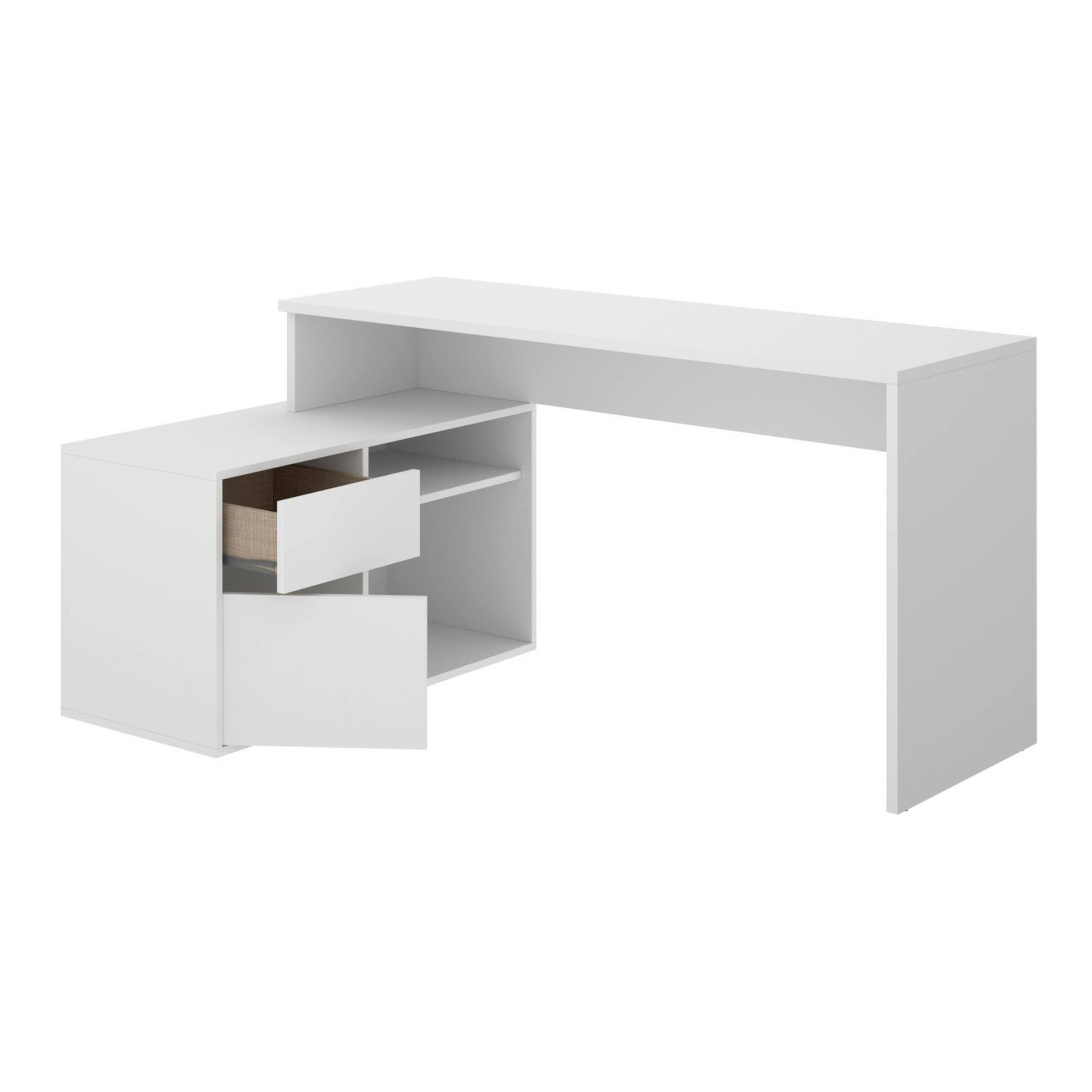 Scrivania Andor, Scrittoio multiposizione da ufficio o cameretta, Tavolo da studio angolare multiuso, 139x92h75 cm, Bianco