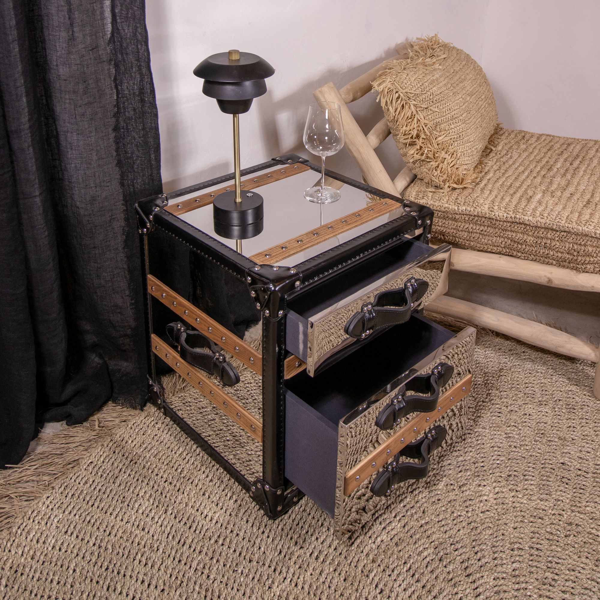 Meuble d'appoint 3 tiroirs en acier inoxydable et cuir