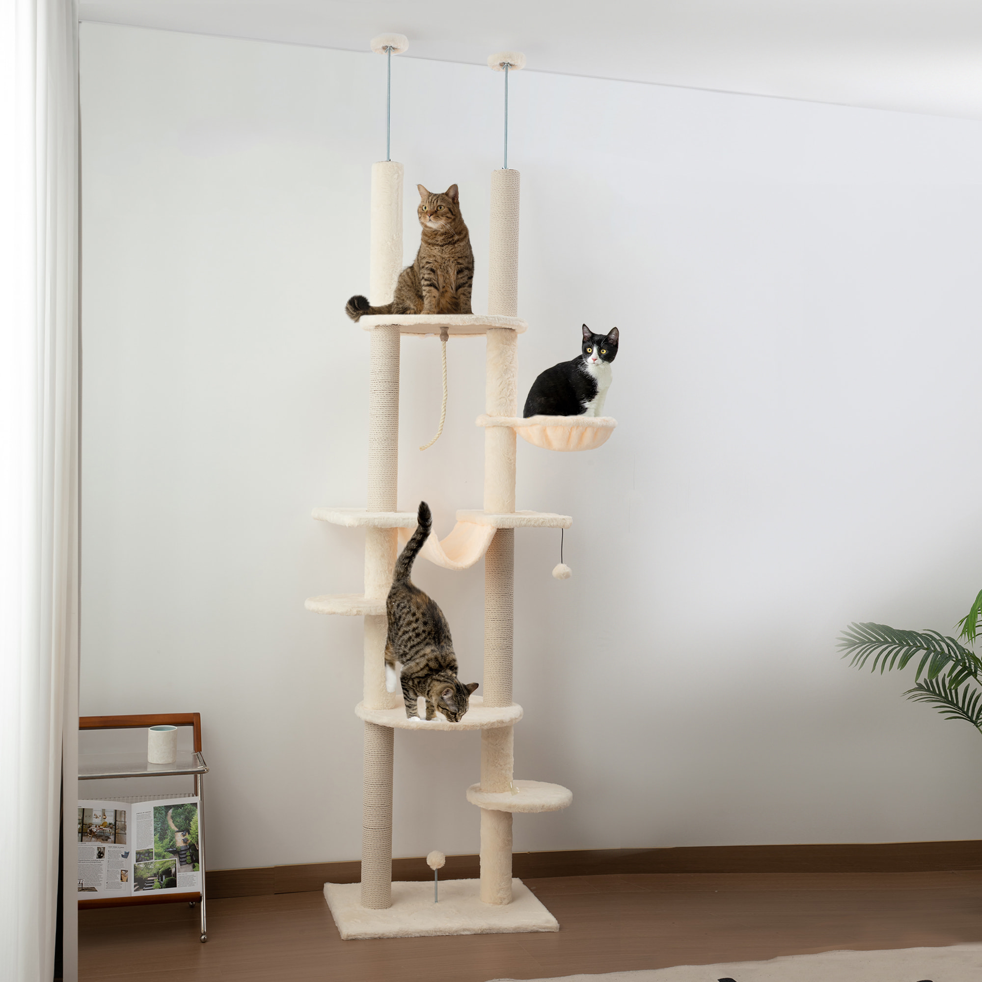 Árbol para Gatos de Suelo a Techo 225-255 cm Árbol Rascador para Gatos de 7 Niveles Torre para Gatos con Hamacas Plataformas Juguete de Cuerda Bola de Juguete Beige y Gris