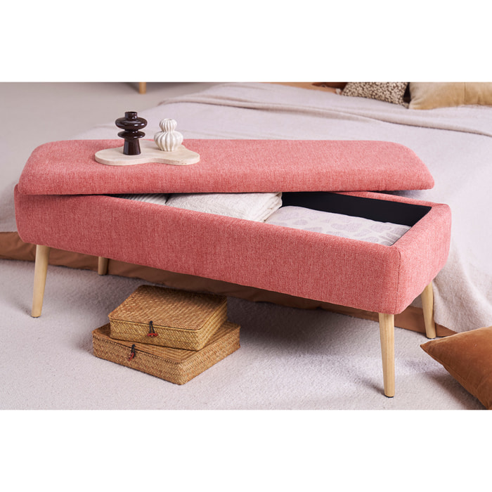 Banc coffre en tissu effet velours texturé terracotta et bois clair massif L120 cm LARS
