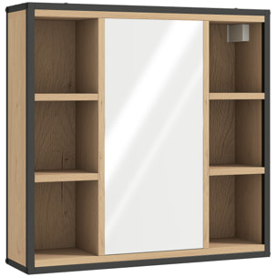Armoire miroir murale salle de bain - 6 niches, porte, étagère - acier noir effet bois