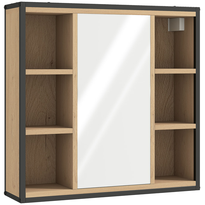 Armoire miroir murale salle de bain - 6 niches, porte, étagère - acier noir effet bois