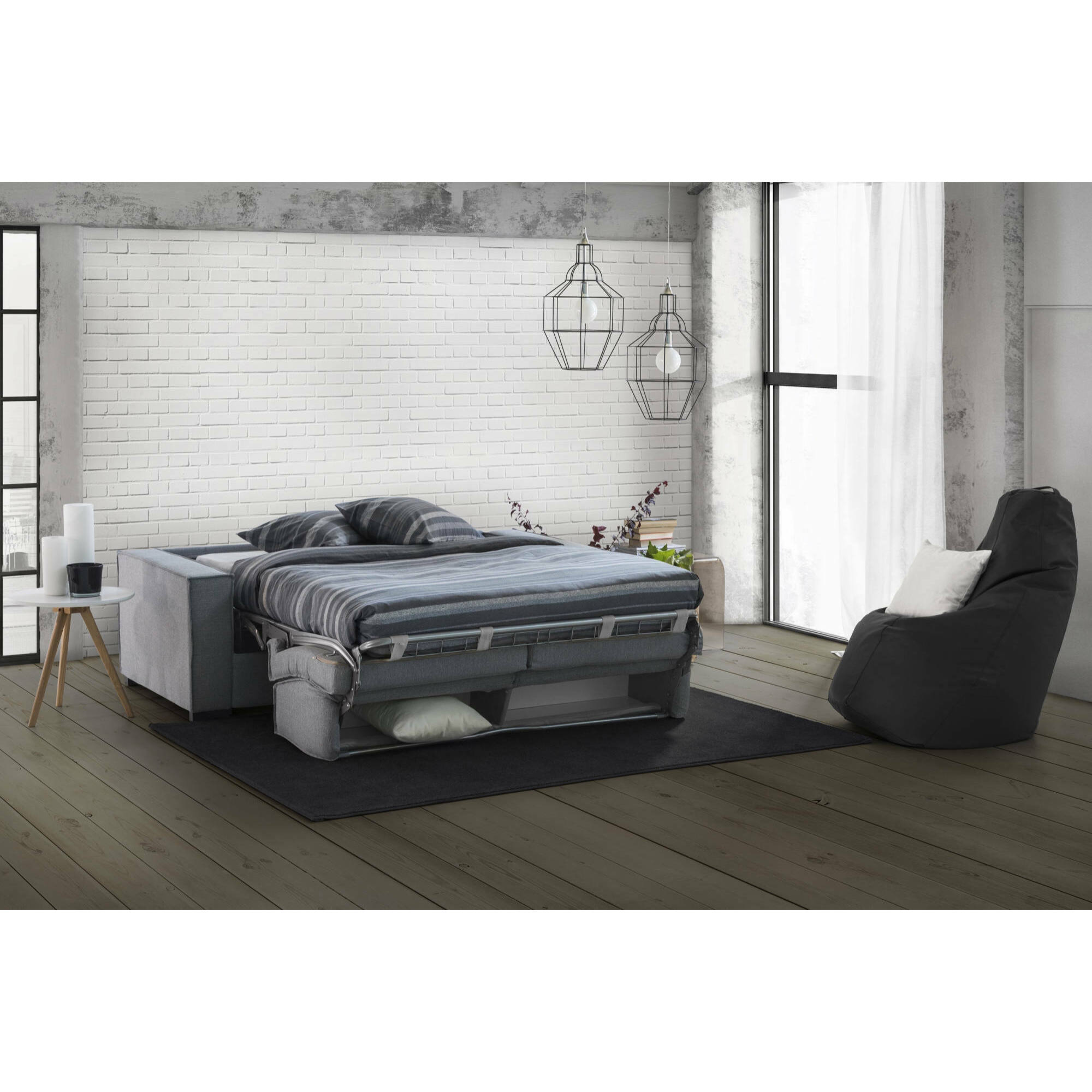 Divano letto 3 posti Asteroide, Sofà Soggiorno apertura girevole, Tessuto imbottito, Braccioli standard, 100% Made in Italy, Cm 220x95h90, Grigio