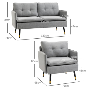 Conjunto de Sofá Incluye 1 Sofá de 2 Plazas y 1 Butaca de Salón con Reposabrazos Asiento Acolchado y Patas de Acero para Dormitorio Oficina Gris