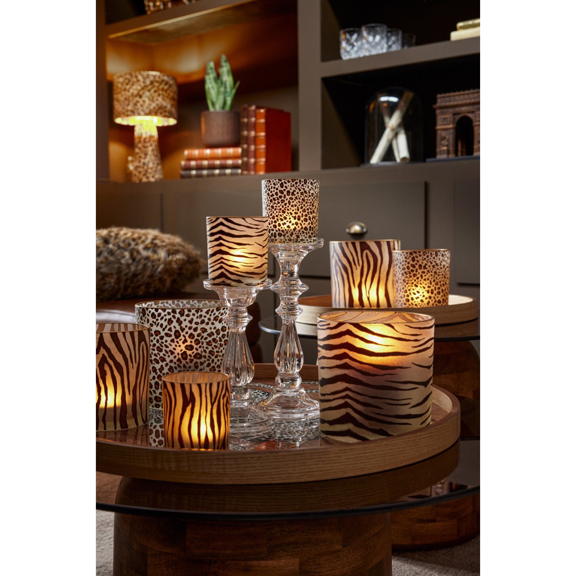 J-Line photophore Wild cylindrique - verre - camel/noir - small - assortiment de 3