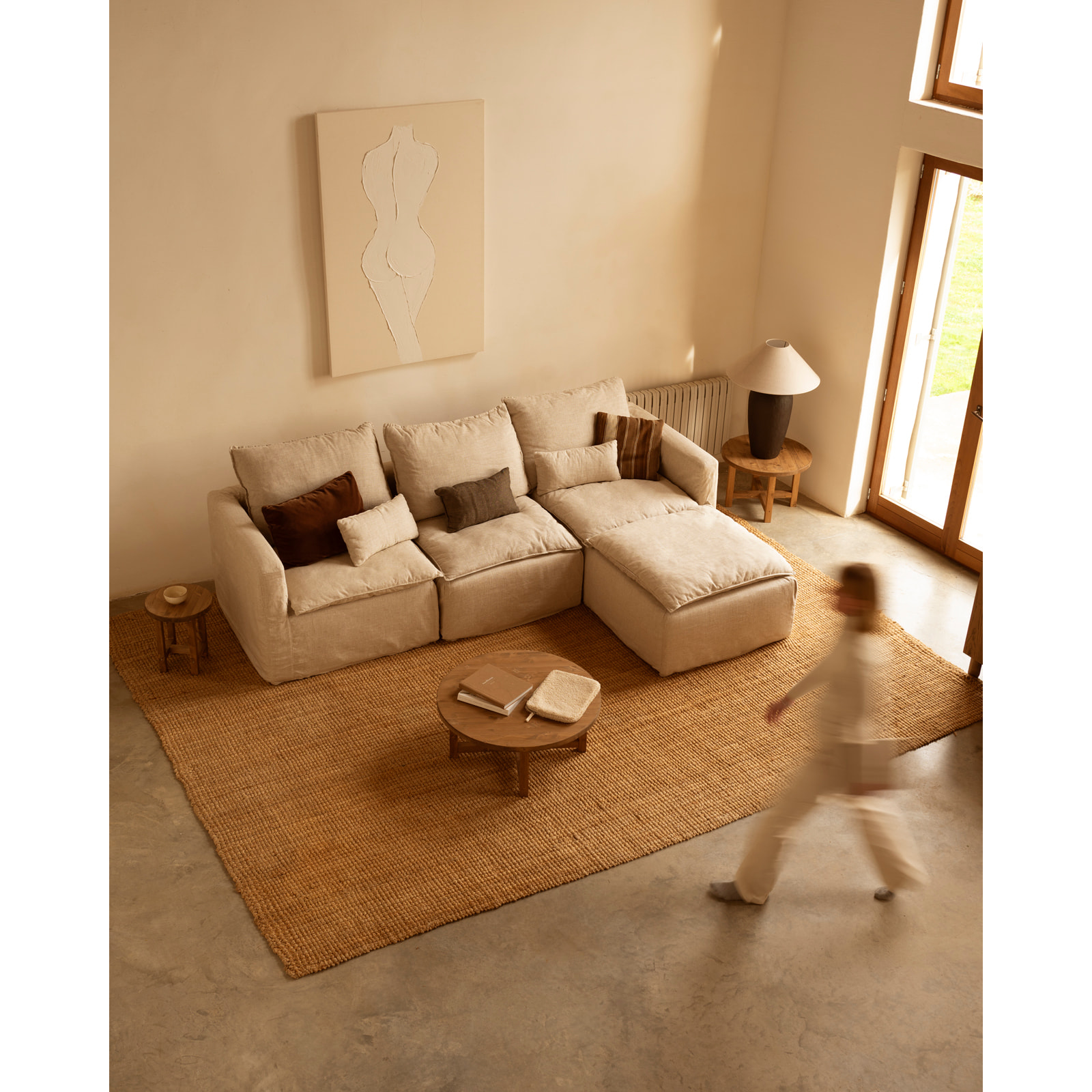 Pouf en coton et lin déhoussable ton beige de 89x87cm Hauteur: 54 Longueur: 89 Largeur: 87