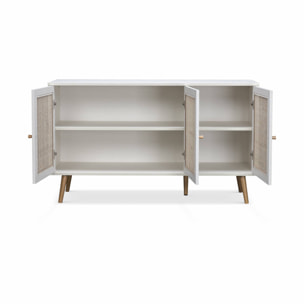 Buffet de rangement en cannage. blanc 120x39x70cm  - Bohème - 2 niveaux. 3 portes. pieds scandinaves. buffet bas