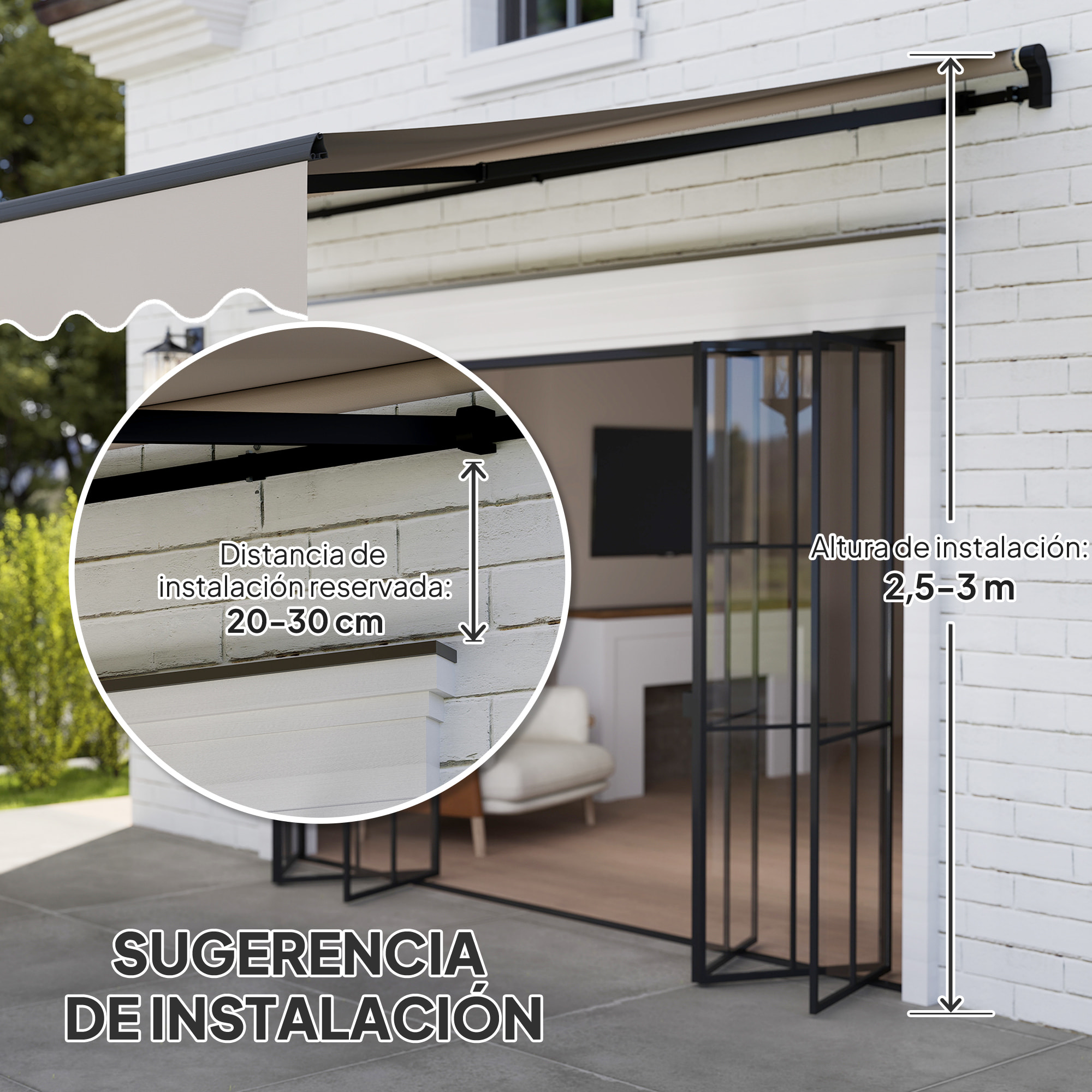 Toldo Manual Retráctil 360x220 cm Toldo para Balcón con Manivela de Aluminio 3 Brazos y Protección UV30+ Toldo Enrollable de Exterior para Jardín Terraza Ventanas Crema