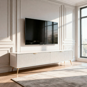 Mobile Porta TV Con 2 Ante A Ribalta Finitura Cannettato Mobiletto Design Moderno Elegante Piedini Slanciati Soggiorno Camera  200 x 51 x 38 Cm Cashmere