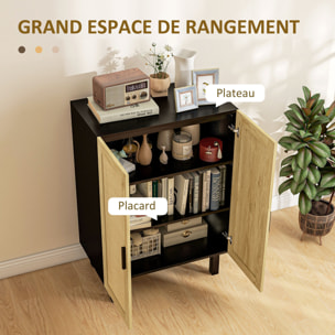 Buffet 2 portes 2 étagères réglables style bohème chic cannage en rotin panneaux aspect bois clair noir
