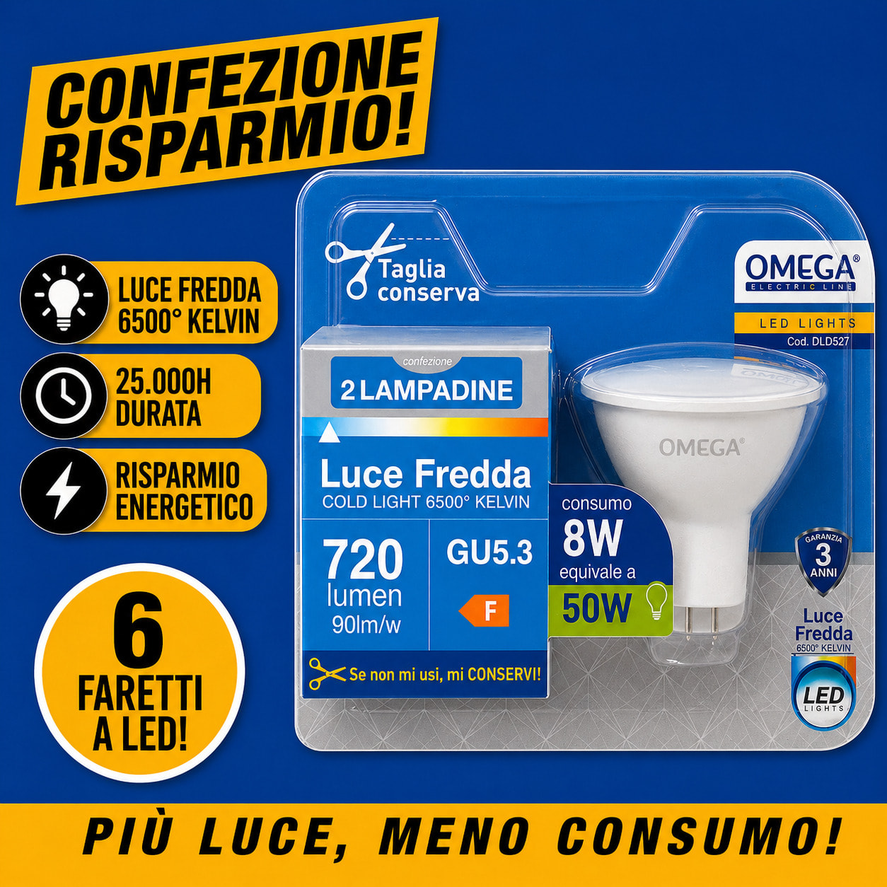 OMEGA Set 6 Faretti LED 8W 720LM 12V MR16 GU5.3 6500K
