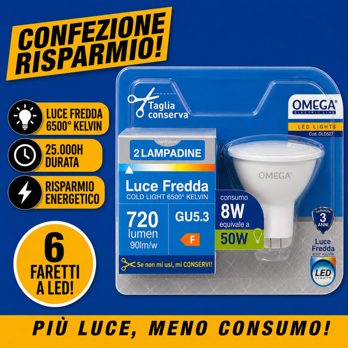 OMEGA Set 6 Faretti LED 8W 720LM 12V MR16 GU5.3 6500K