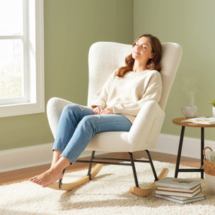 Silla Mecedora Moderna, Mecedora Tapizada en Terciopelo de Teddy, Sillón de Lactancia con Respaldo Acolchado Alto, Almohada, Patas de Madera, Bolsillo Lateral, para Dormitorio, Salón, Crema