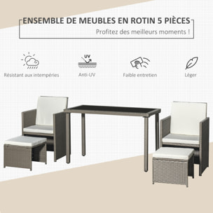 Outsunny Ensemble salon de jardin encastrable 2 fauteuils monoblocs + 2 tabourets + table basse résine tressée coussins déhoussables crème gris