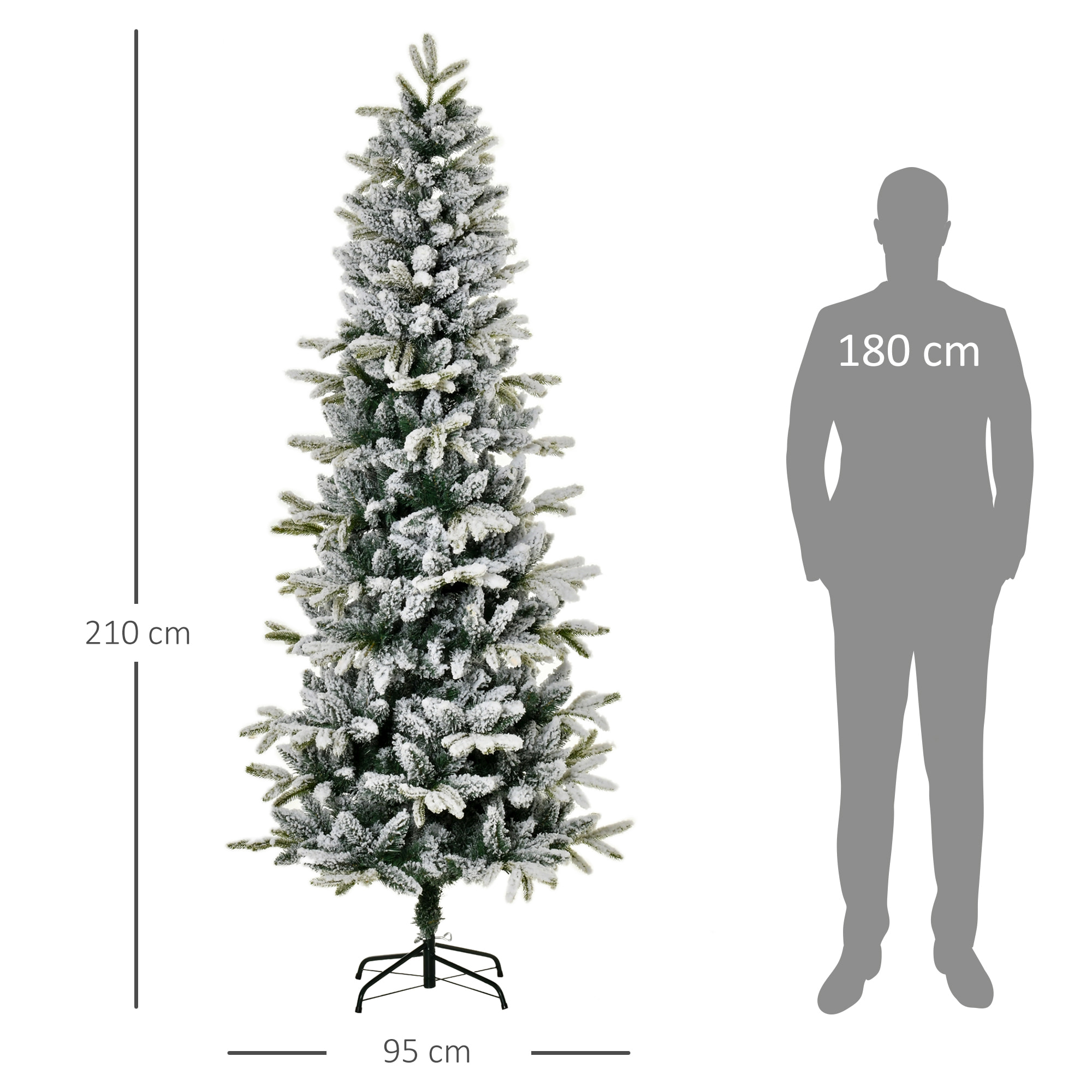 árbol de Navidad 210 cm Nevado Artificial con 784 Puntas de Rama Ignífugas y Soporte de Acero Decoración Navideña para Interiores Ø95x210 cm Verde y Blanco