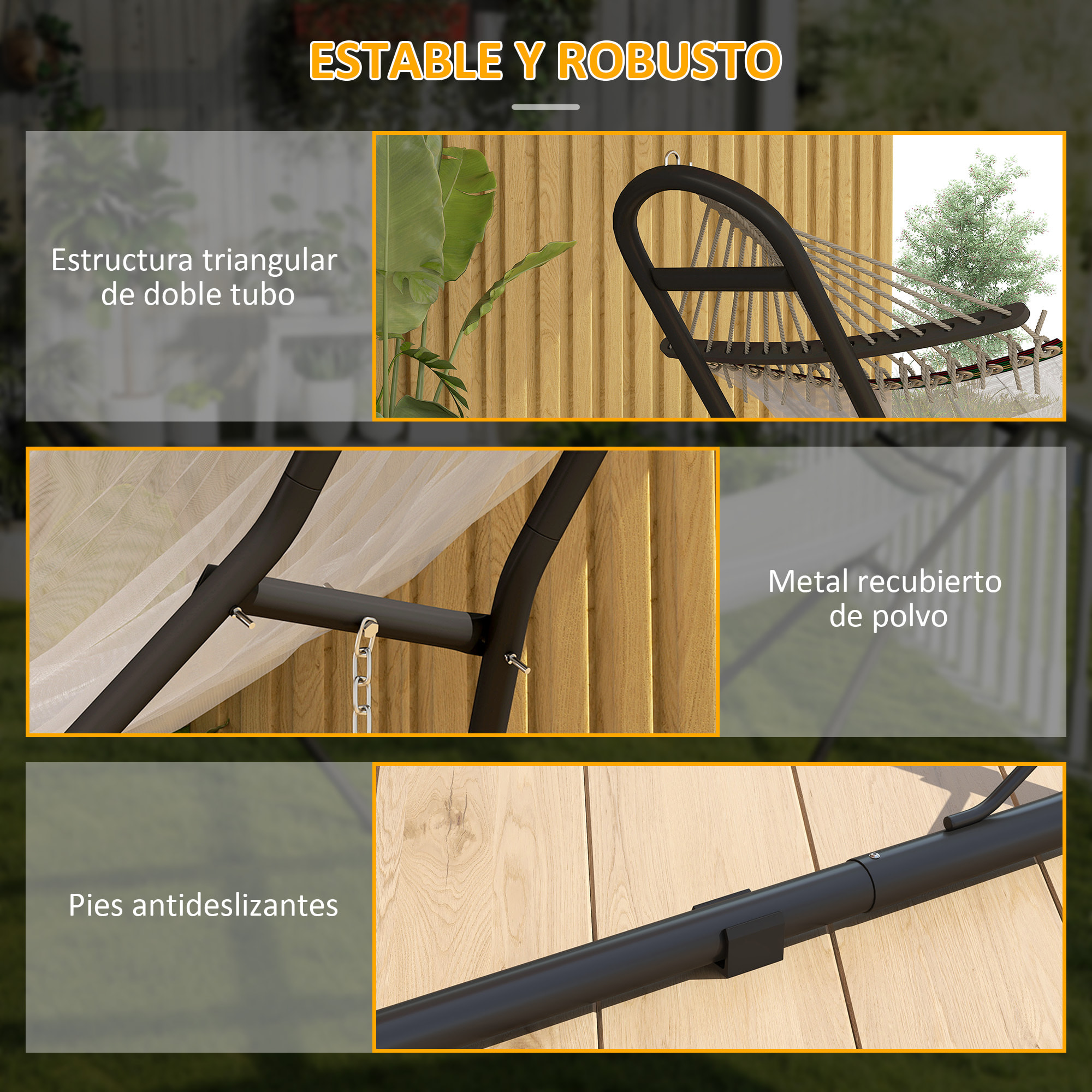 Soporte para Hamaca para 2-3 Personas, Largo 278 cm, Cadena Ajustable, con Estructura de Acero, Ganchos en S, Pies Antideslizantes, para Hamacas de 2,75-4 m, Carga 150 kg, Negro