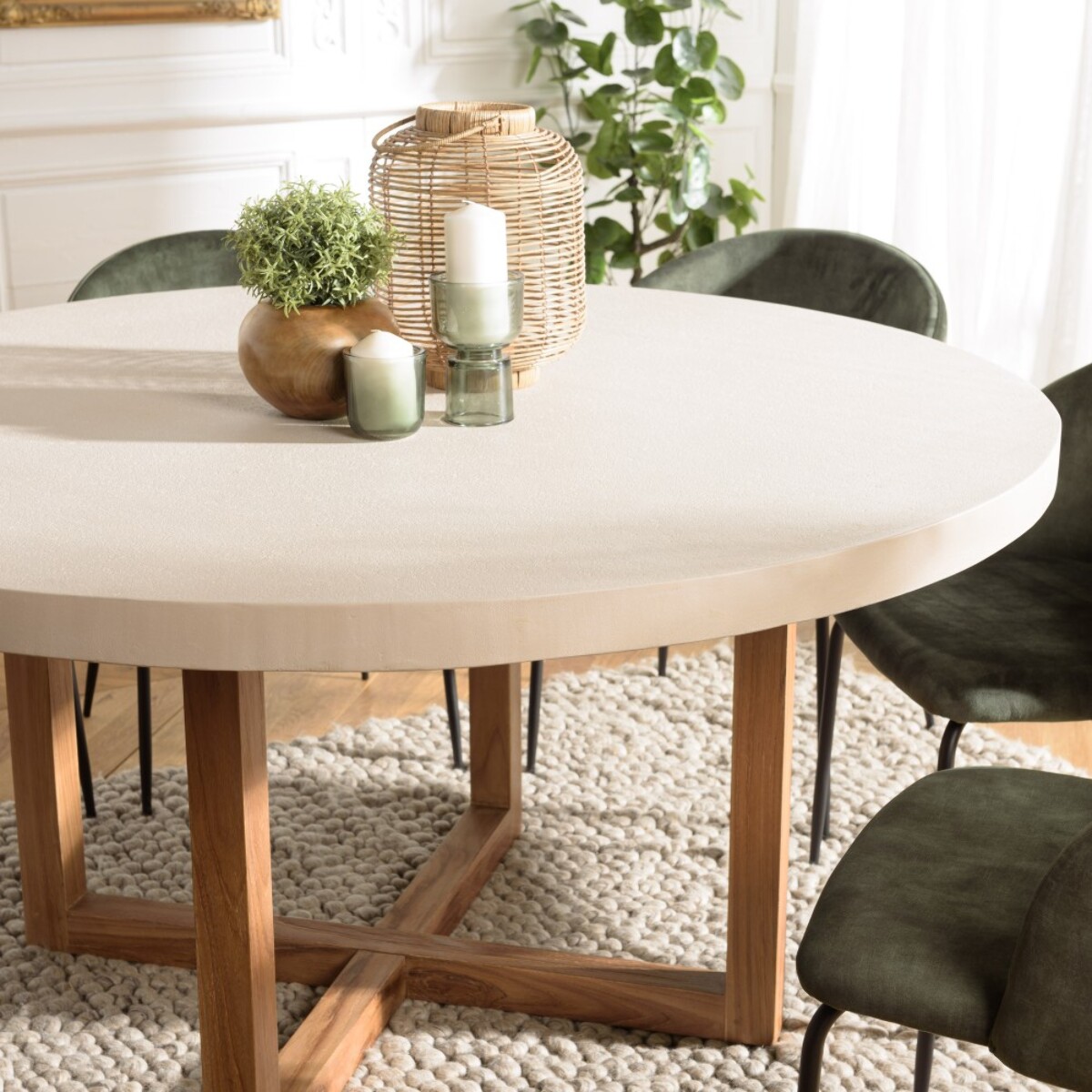 DAK - Table à manger ronde 153x153cm béton beige pieds croisés en teck