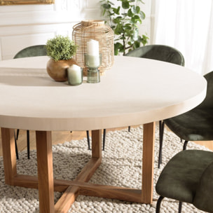 DAK - Table à manger ronde 153x153cm béton beige pieds croisés en teck