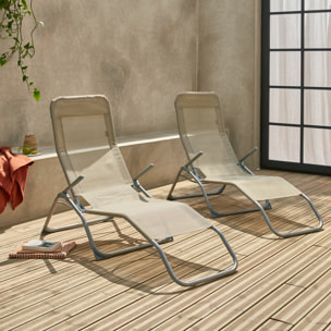 Lot de 2 bains de soleil pliants - Levito Taupe - Transats textilène 2 positions. chaises longues