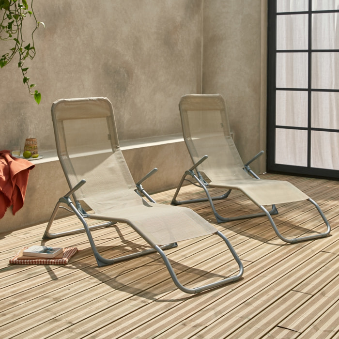 Lot de 2 bains de soleil pliants - Levito Taupe - Transats textilène 2 positions. chaises longues