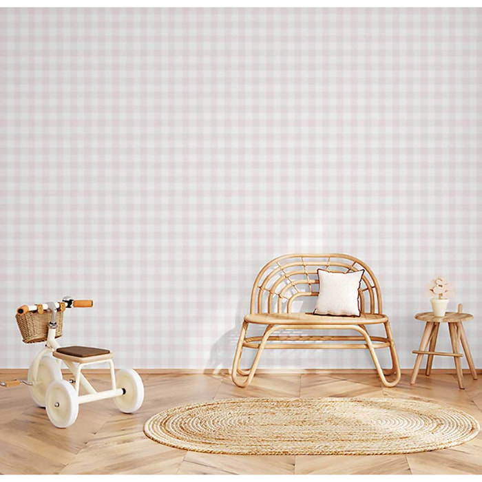 Papier peint vichy rose poudré blanc enfant