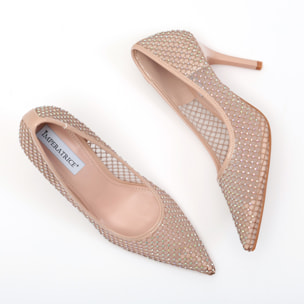 Dècolletè pumps in simil pelle con tomaia bucherellata ricoperta di strass