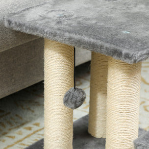 Escalier pour chat 3 marches - 6 poteaux griffoirs, jeu boule suspendue - sisal peluche gris