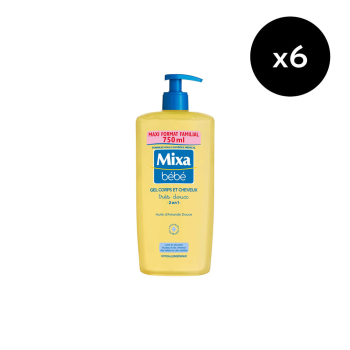 Lot de 6 - Mixa Bébé Gel très doux 2 en 1 corps et cheveux 750ml