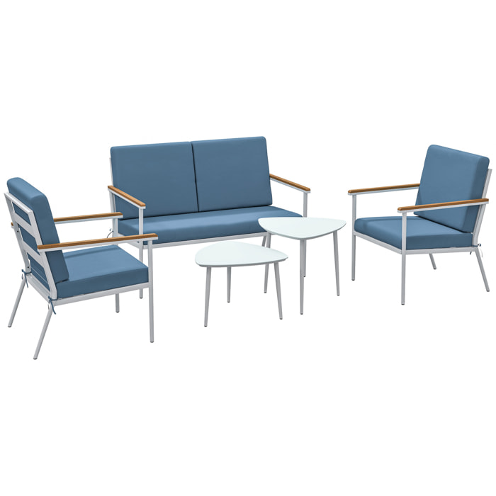 Salon de jardin 4 personnes 5 pièces 2 tables basses gigognes acier blanc accoudoirs effet bois coussins bleu