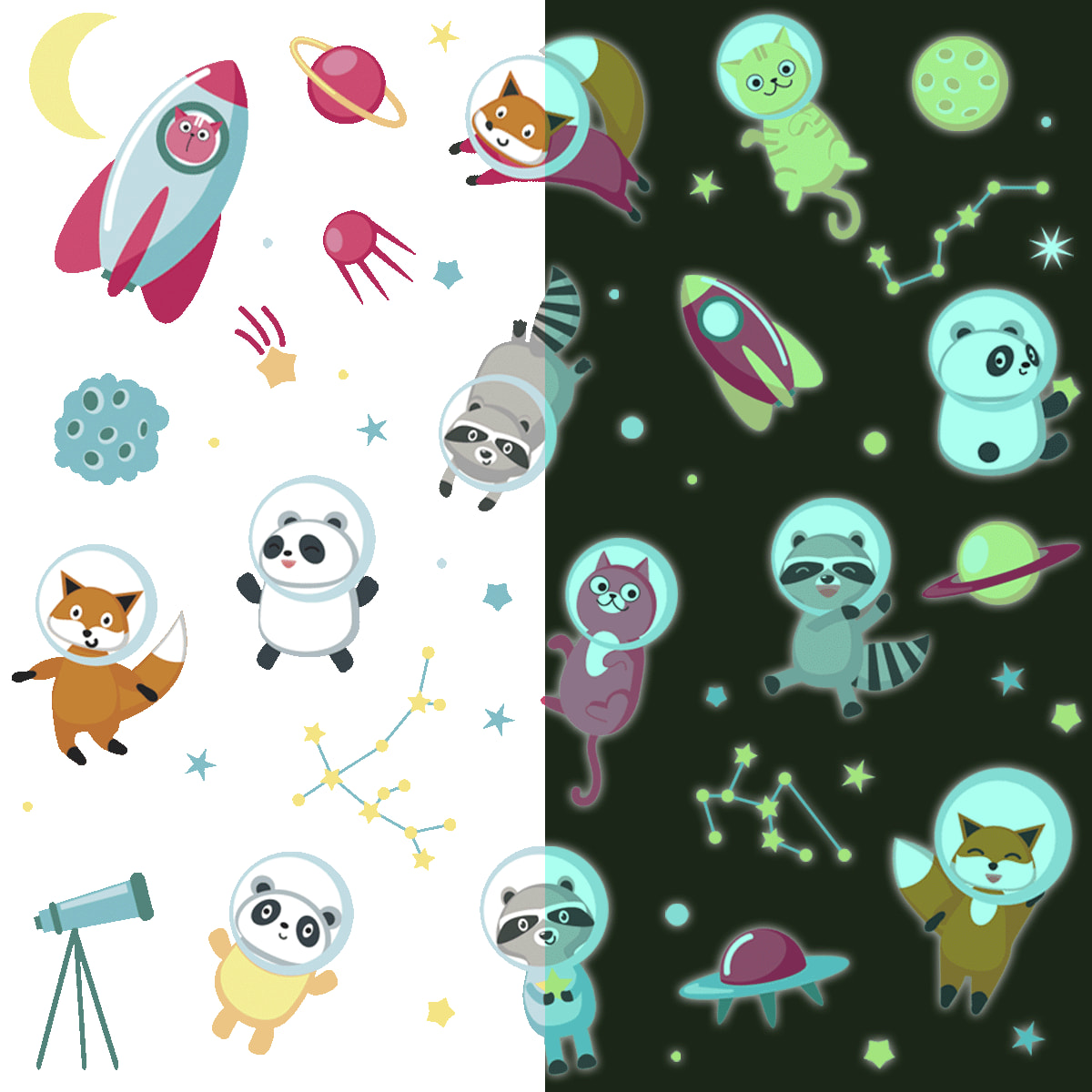 Sticker phosphorescent lumineux - ANIMAUX ASTRONAUTES DANS L'ESPACE