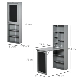 Bureau mural pliable table murale rabattable suspendue sur pied avec bibliothèque tableau à craie intégré panneaux particules gris