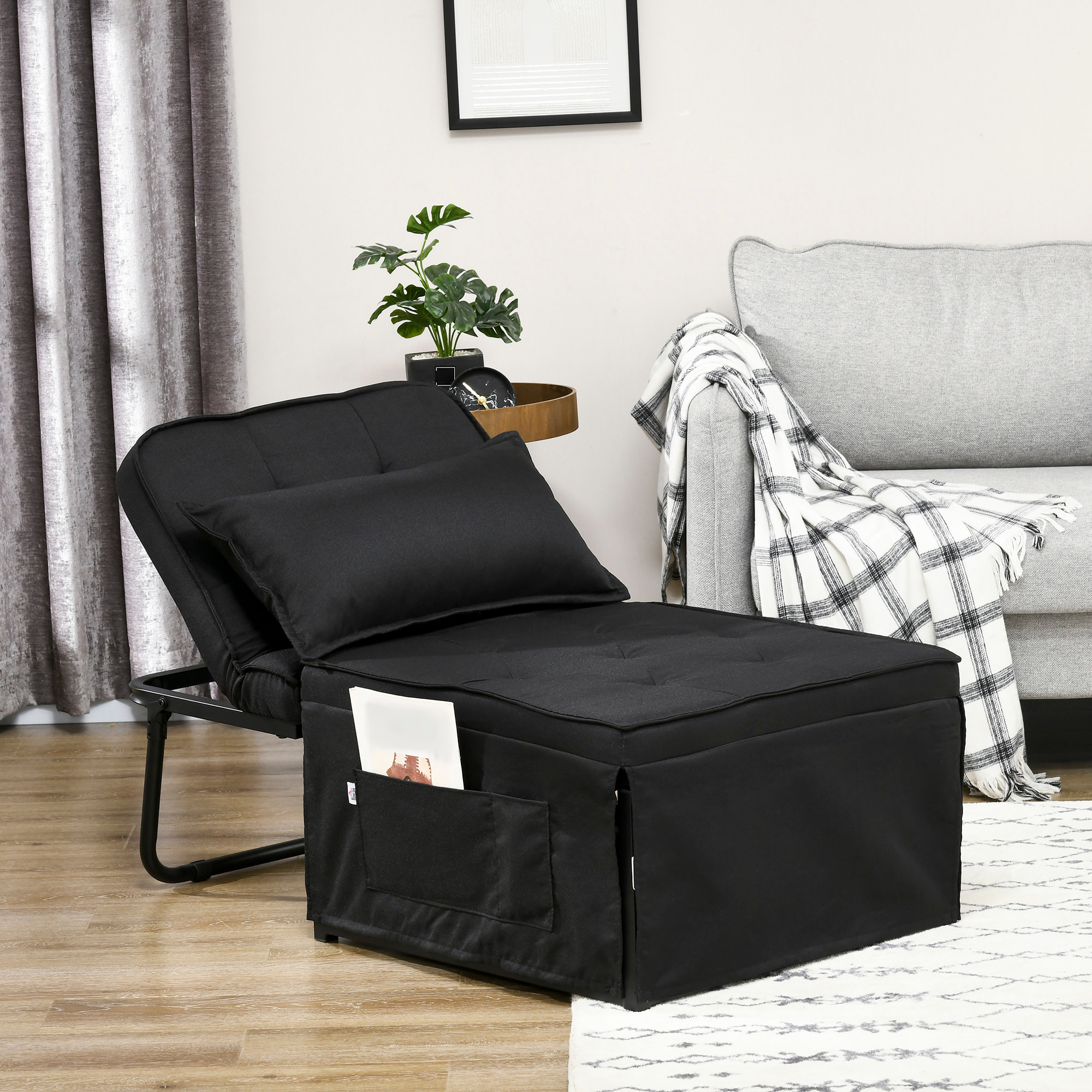 Fauteuil chaise longue lit pouf 4 en 1 dossier inclinable 5 niveaux repose-pied rabattable châssis acier noir tissu noir