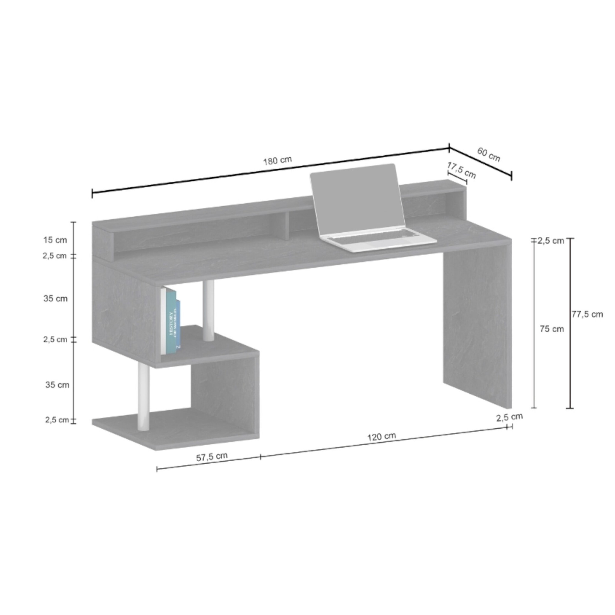 Scrivania moderna ad Esse per ufficio e studio con scaffale, Made in Italy, Tavolo da computer, Scrittoio porta PC, cm 180x60h78, colore Bianco lucido