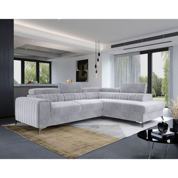 Talisay - canapé d'angle droit - 5 places - convertible avec coffre - en velours - Gris clair