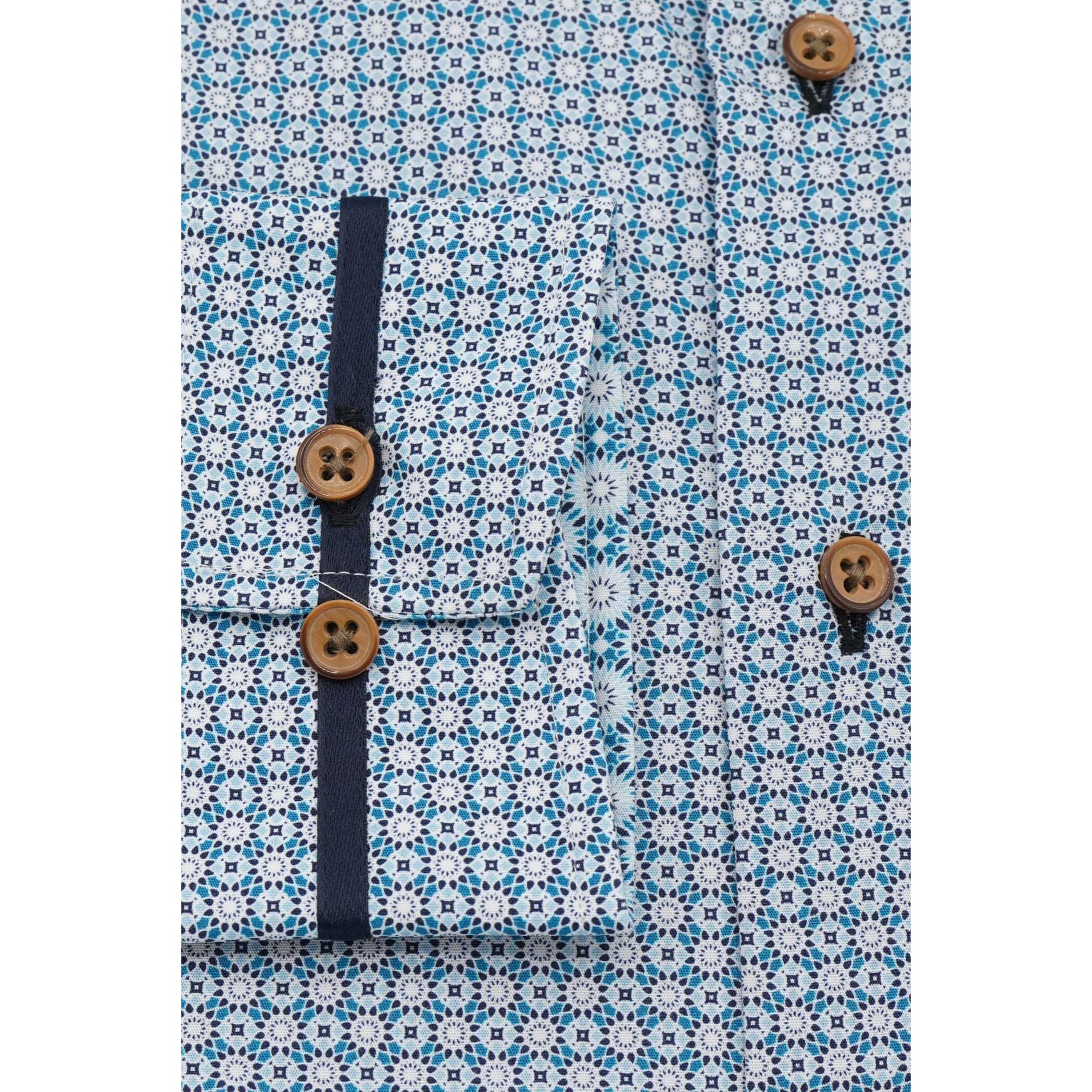 Camicia Uomo 1 Bottoni Button Down Slim Popeline Stampato Verde Ottanio/Bianco