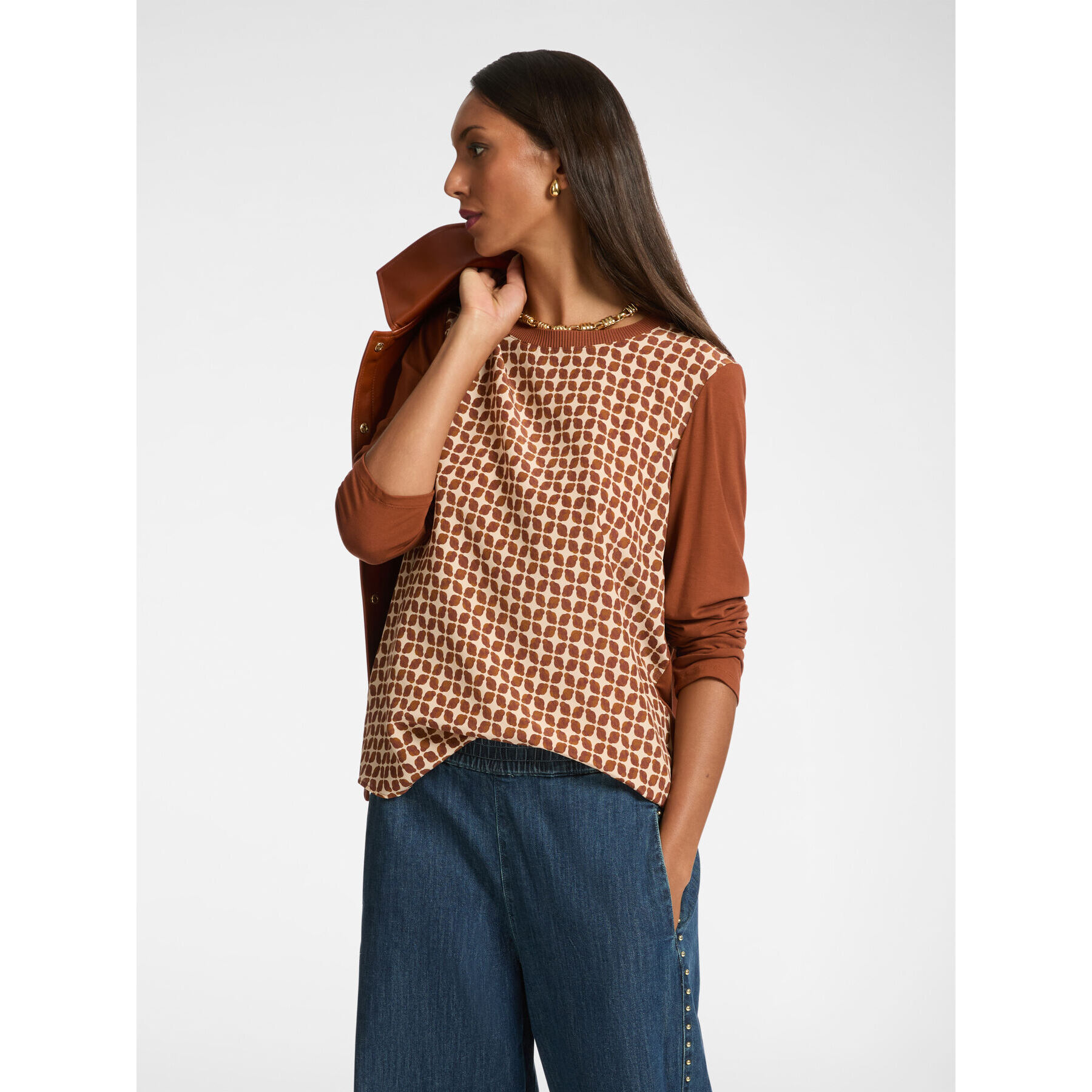 Elena Mirò - T-shirt con davanti in seta stampata - Marrone