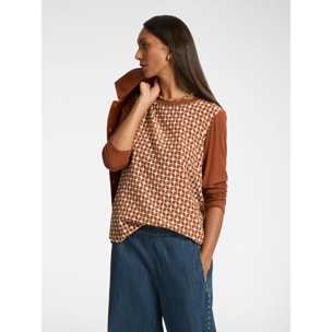 Elena Mirò - T-shirt con davanti in seta stampata - Marrone