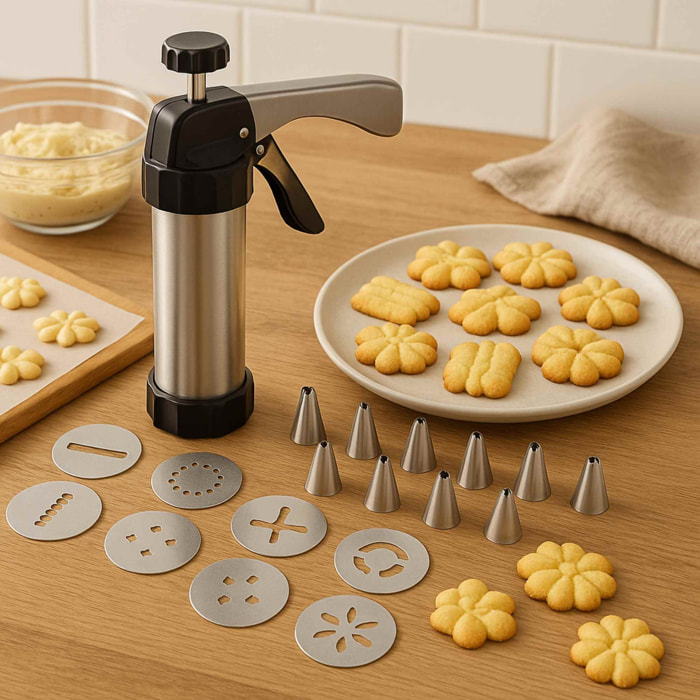 Prensa para galletas: juego de 17 piezas con discos y boquillas de glaseado - versátil y fácil de usar en aluminio y polipropileno