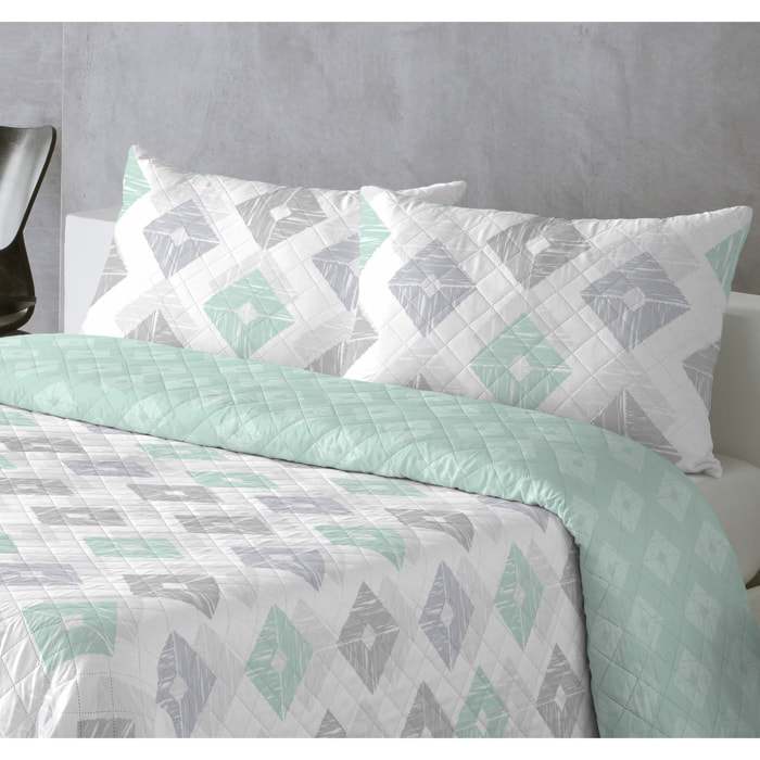 COLCHA ESTAMPADA REVERSIBLE ROMBOS AQUA