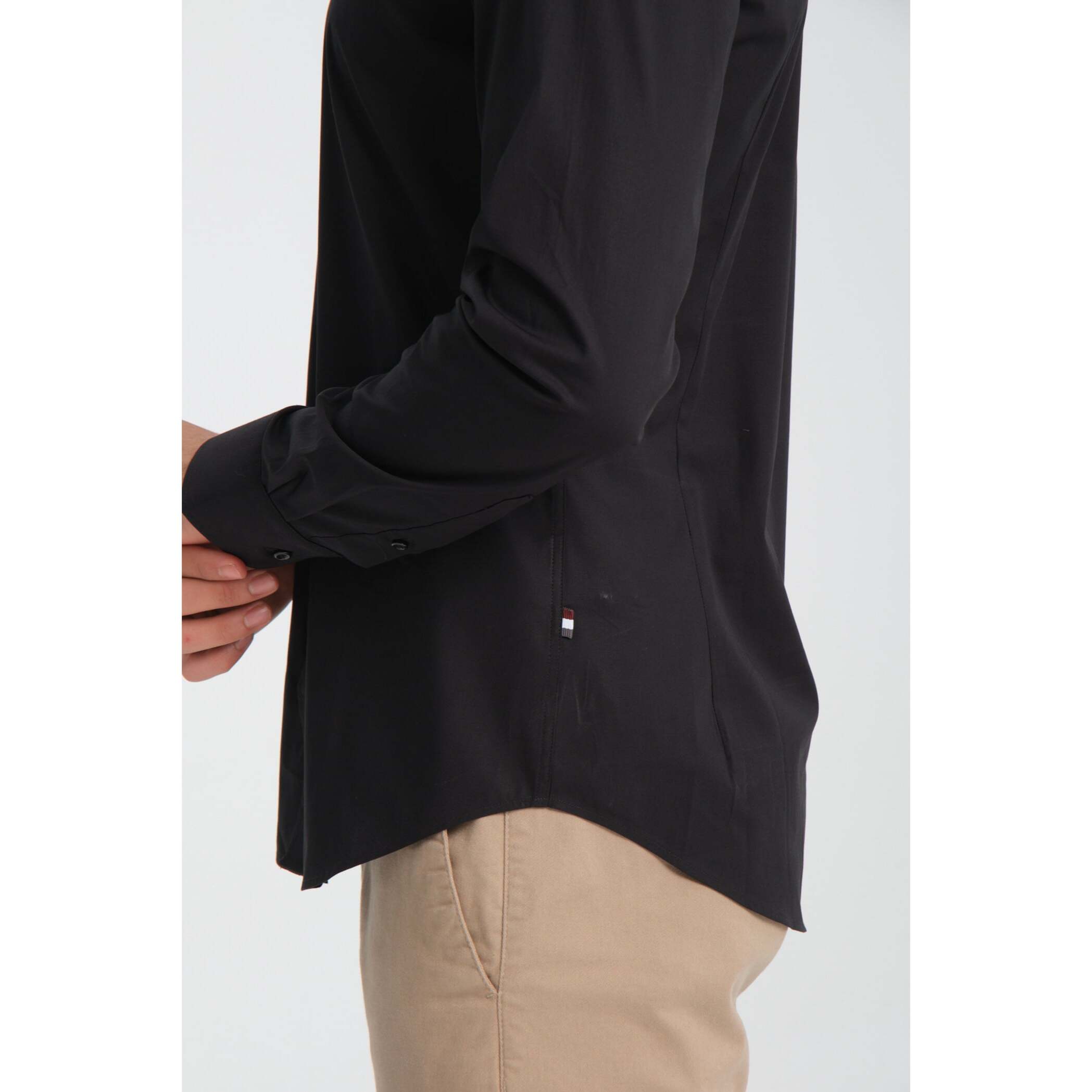 camicia uomo 1 bottone button down slim Popeline Stretch Unito Nero