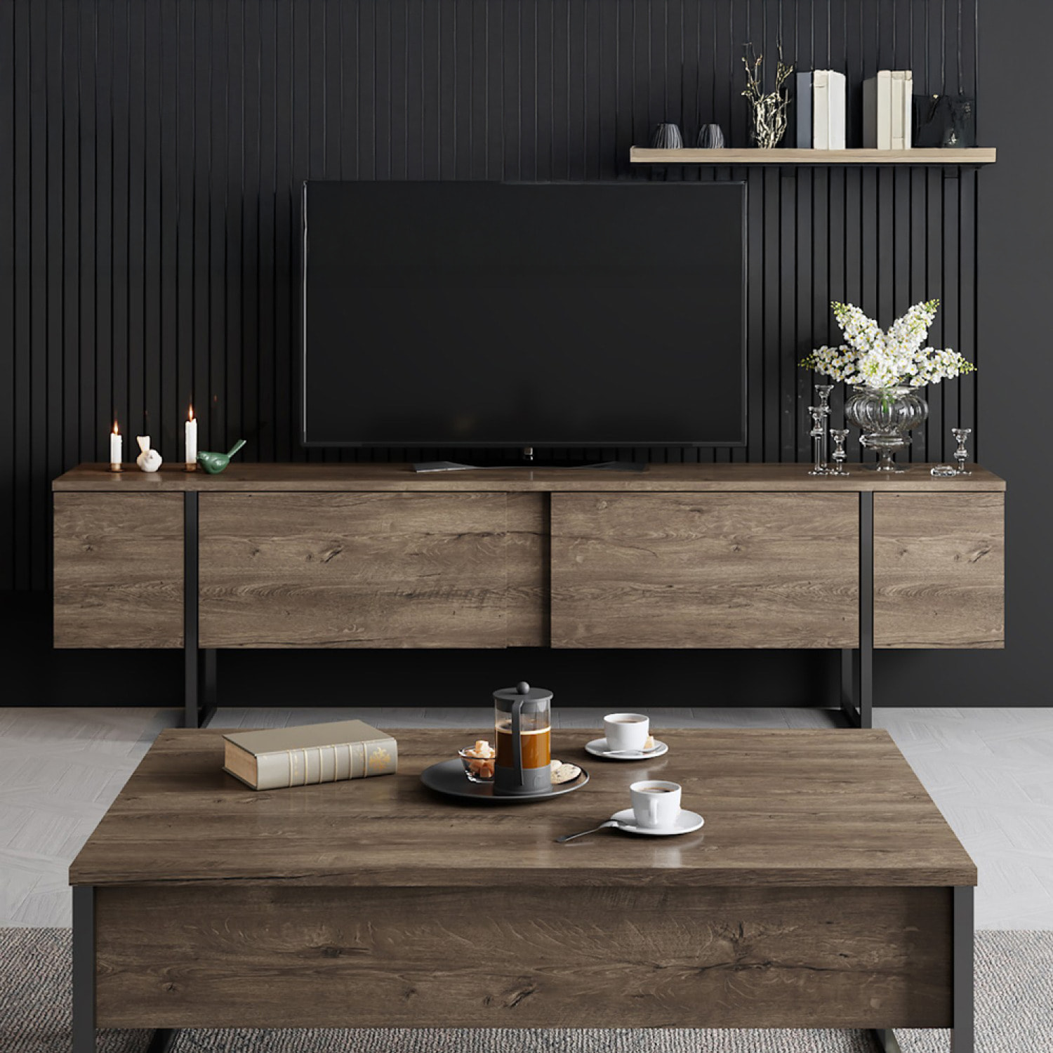 WILLIAMSBURG Meuble TV avec placards aspect bois de noyer et détails noirs 180cm