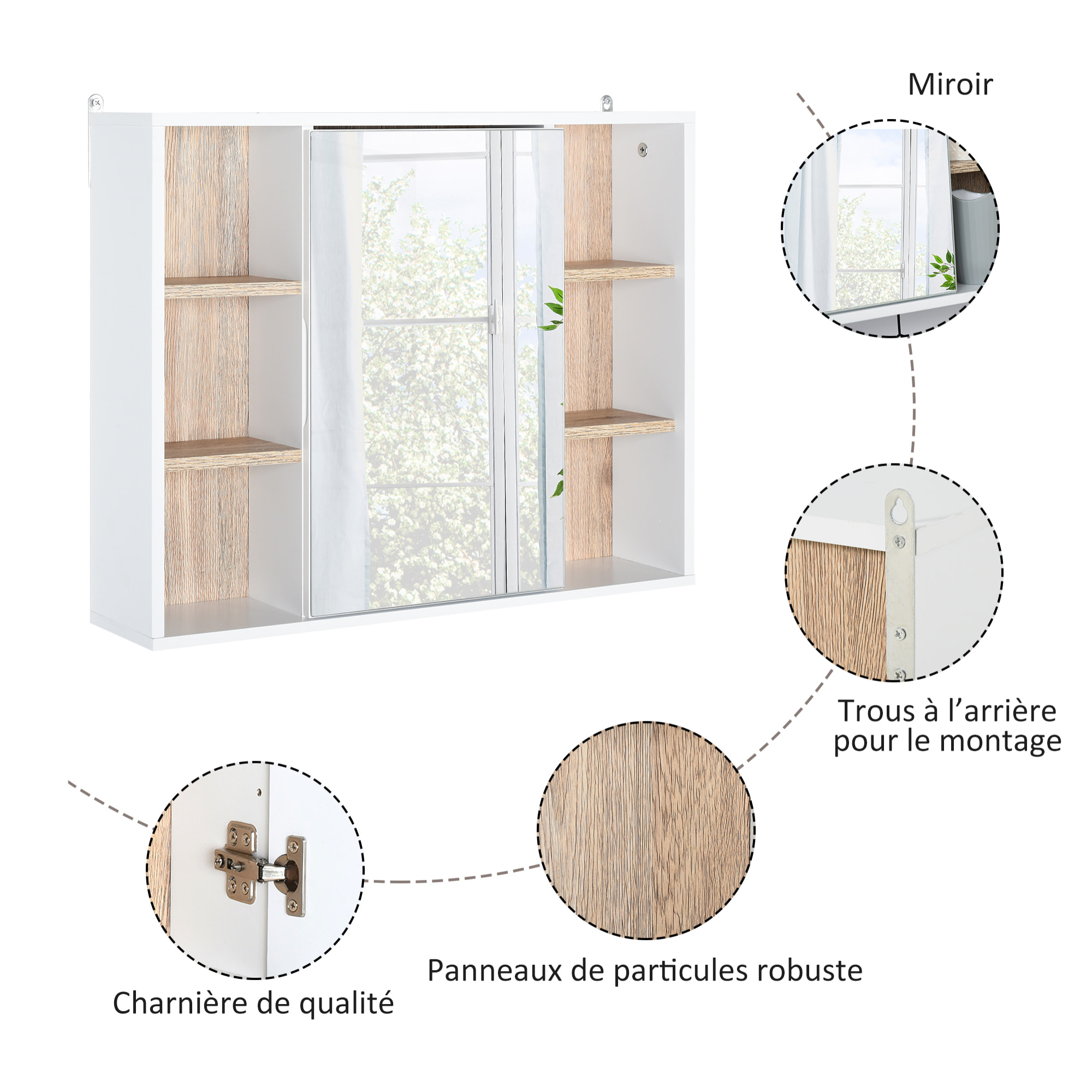 Miroir de salle de bain avec placard et étagères