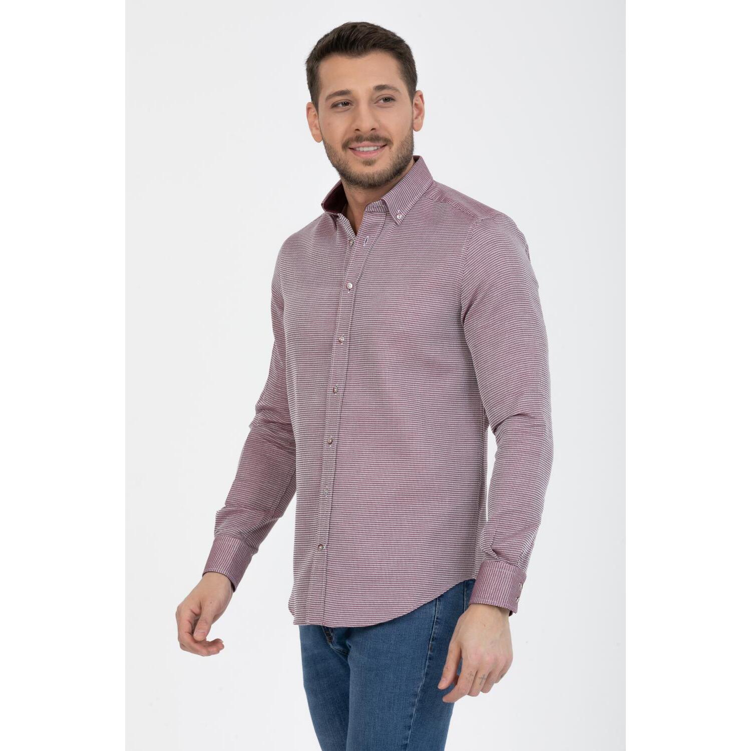 Camicia Uomo 1 Bottoni Button Down Slim Armaturato Fantasia Rosso Bordeaux/Bianco
