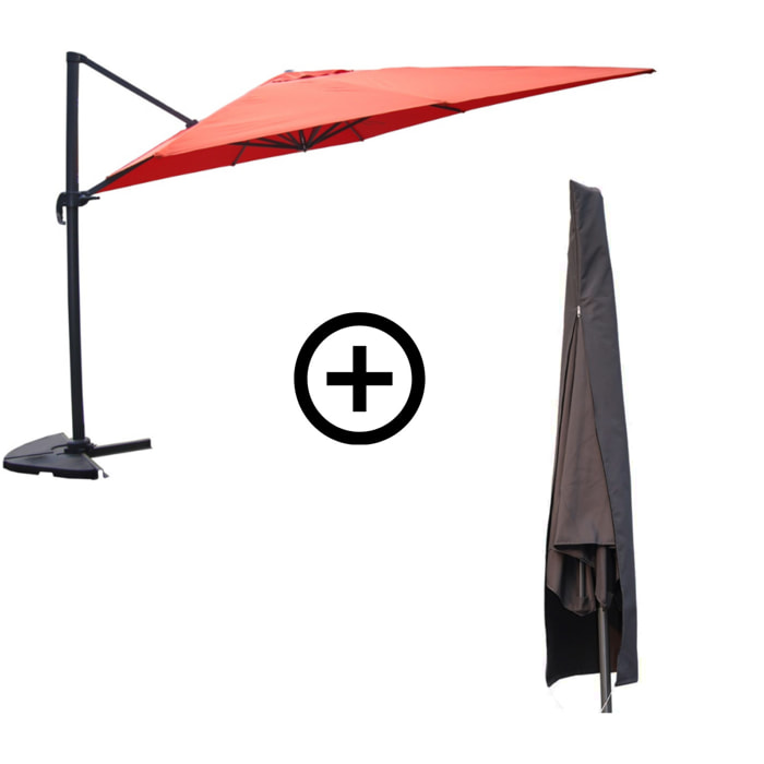 NAVIA Bundle parasol rectangulaire 3x4m déporté rotatif terracotta aluminium + housse