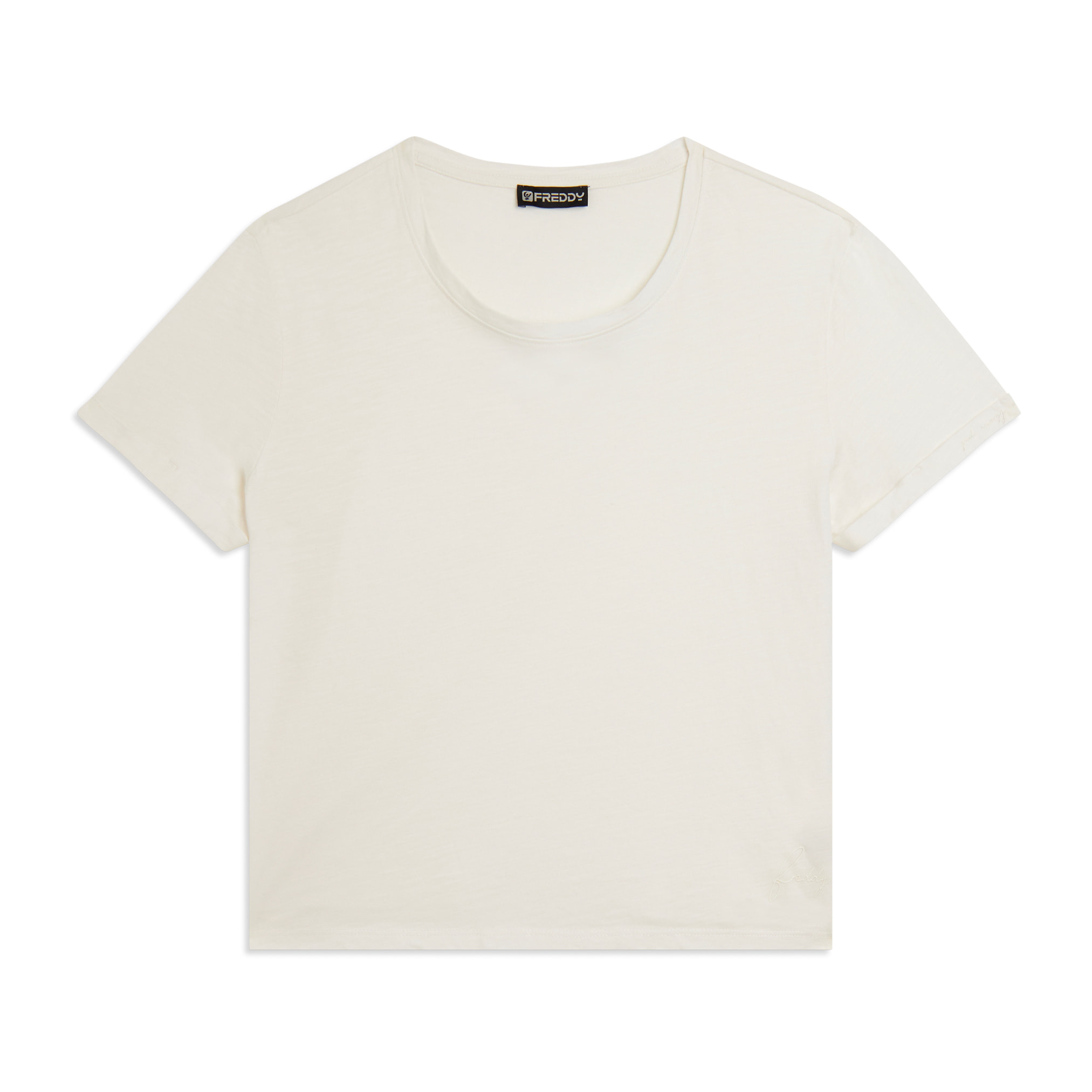 T-shirt cropped in jersey fiammato con risvolto sulle maniche