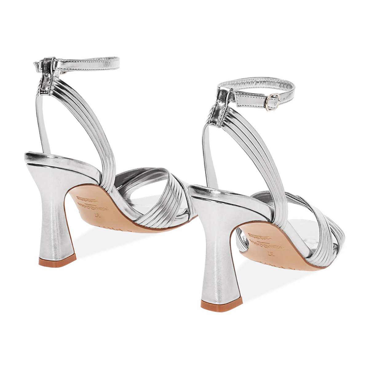 Sandalo donna argentato laminato, tacco 8,5 cm
