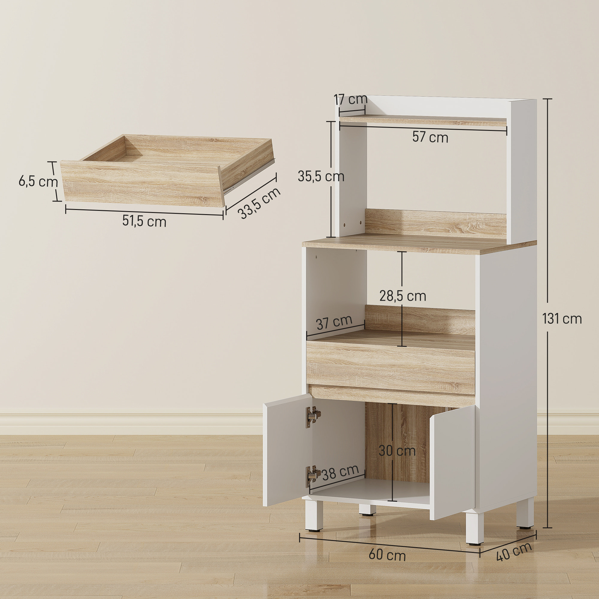 Rangement desserte de cuisine pour micro-ondes - 2 portes, 2 niches, tiroir, étagère - blanc naturel
