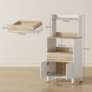 Rangement desserte de cuisine pour micro-ondes - 2 portes, 2 niches, tiroir, étagère - blanc naturel
