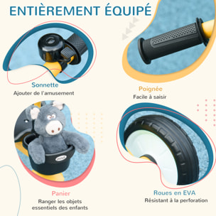 Tricycle enfant multi-équipé garde-boue sonnette panier pédales antidérapantes siège réglable avec dossier métal jaune