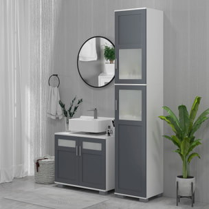 Armario Alto de Baño Mueble Columna de Baño con 2 Puertas de Vidrio Templado y Estantes Ajustables 37x35x190 cm Blanco y Gris